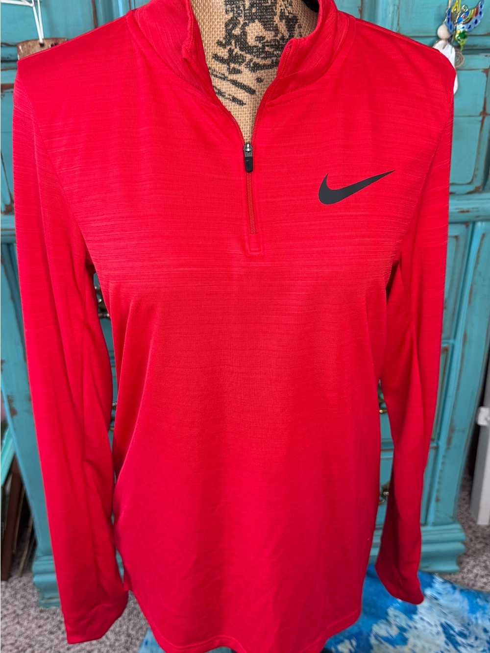 Nike Women’s Red Long-Sleeve Quarter-Zip Training Top with Black Swoosh